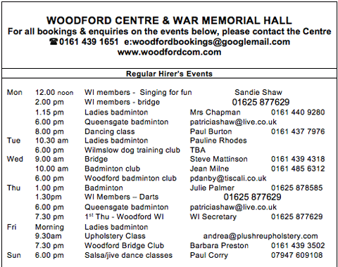 Weekly events, sports and clubs held at the Woodford Centre and War Memorial Hall in Woodford Cheshire