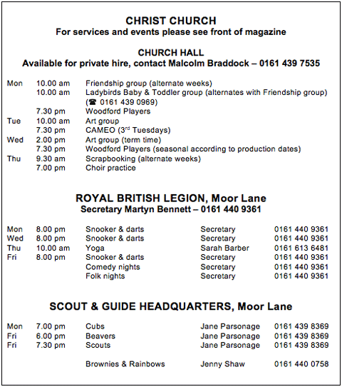 Woodford Cheshire weekly events, sports, cubs, scouts, brownies held in the Chucrh Hall, Royal British Legion and the Scout and Guide Headquarters