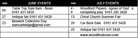 Woodford Centre and War Memorial Hall diary dates for June and July 2013