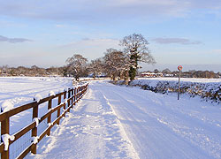 A photo of snowy Church Lane in Woodford Cheshire - taken by Evelyn Frearson - January 2010